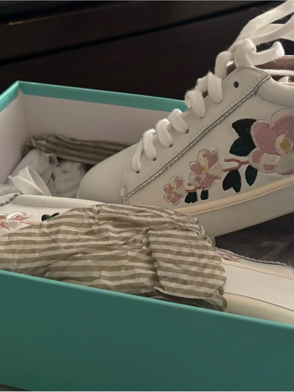 kate spade White Lace-Up Sneakers with Pink Floral Embroidery